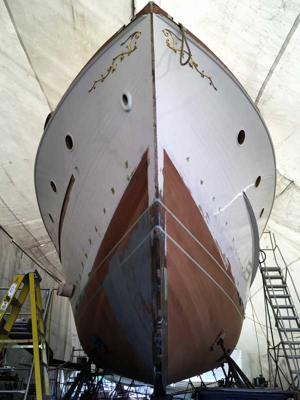 Manatee, a 1955 Trumpy, in the final stages of her bottom replacement at Hartge Yacht Yard in Galesville, MD.