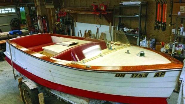 A mid-1950s custom runabout in for restoration at Classic Watercraft restoration in Annapolis, MD.