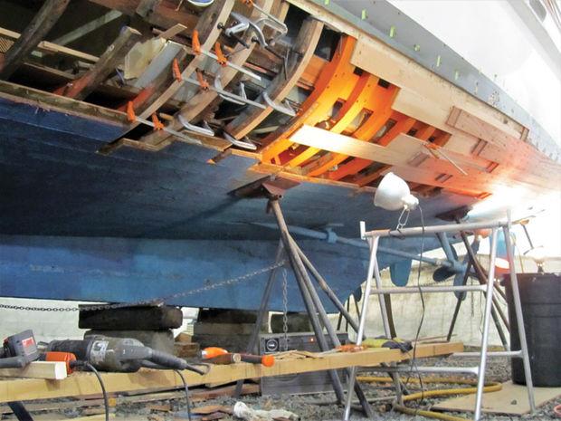 Work is proceeding on the 1950 Trumpy with the cracked ribs in the shop at Hartge Yacht Yard in Galesville, MD.