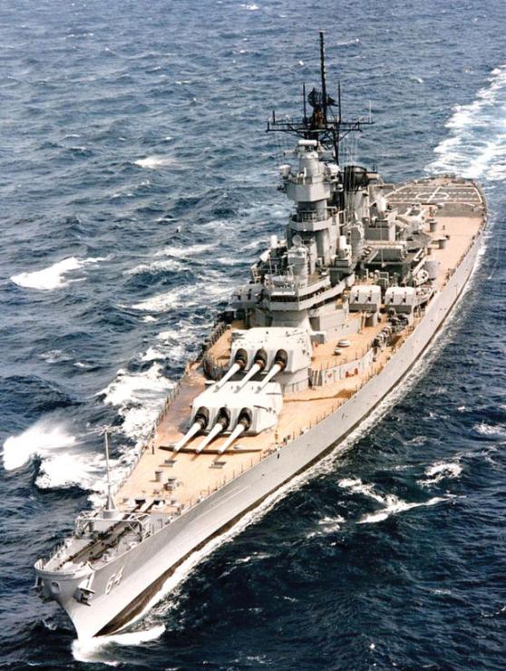 The Battleship Wisconsin, shown here at sea in 1990, is now available for tours at Nauticus in Norfolk.