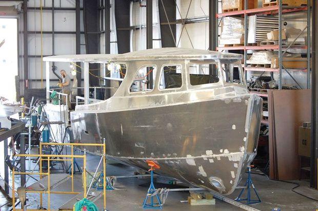 Thurgood’s Justice, Sagamore water taxi number three ready for the paint shop at Maritime Applied Physics in Baltimore.