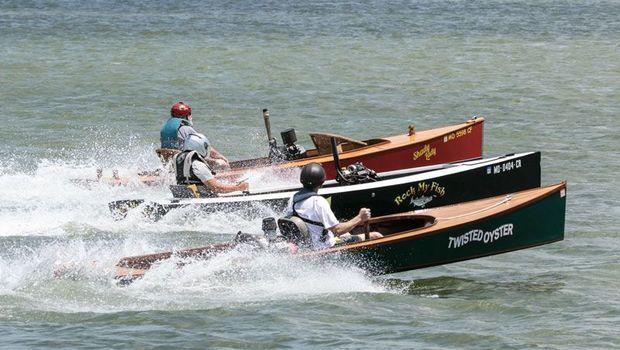 Jeff Swanson in Twisted Oyster, Joh Strohmer in Rock My Fish, and Karl Nisson in Shady Lady competing at the July Tall Timbers Regatta. Photo by Paul Denbow
