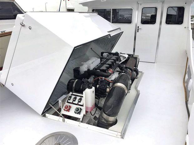 A Catapillar C-18 diesel installed in a new CY46CB just launched at Composite Yacht in Trappe, MD.