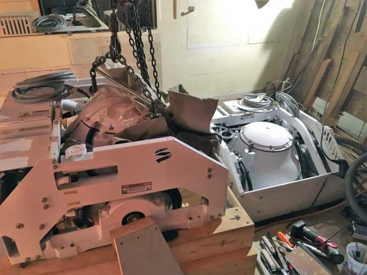 Two Seakeeper gyroscopic stabilizers being installed in Manatee, a 1955 Trumpy motor yacht at Hartge Yacht Yard in Galesville, MD. Two Seakeeper gyroscopic stabilizers being installed in Manatee, a 1955 Trumpy motor yacht at Hartge Yacht Yard in Galesville, MD.
