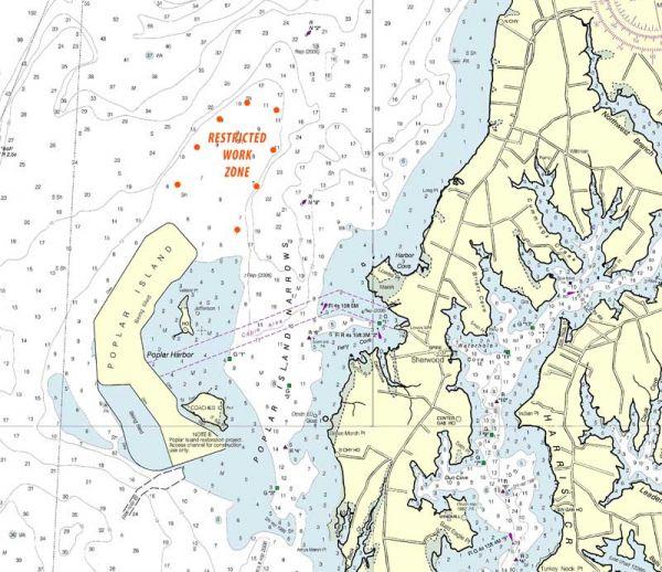 If you are following old NOAA charts, they are not yet up-to-date on Poplar Island's expansion. Courtesy NOAA