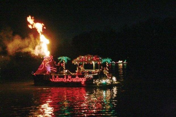 "Island Greetings" (2009) complete with Santa Claus, palm trees, and a volcano spewing fire, by the Hock family of Middle River.