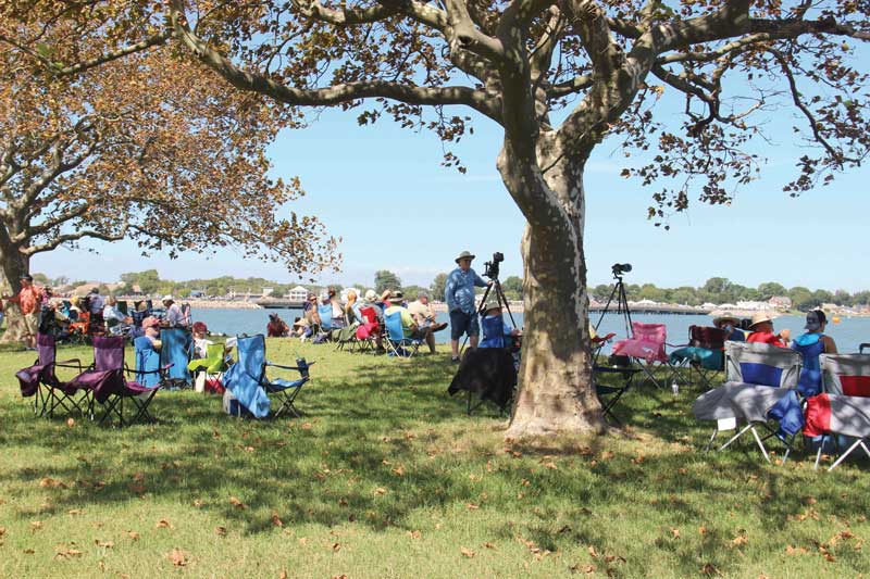 Some spectators choose to sit under shady trees, across from the race course. 