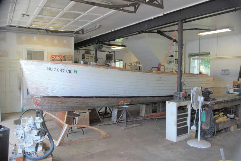 A Lyman 23 being prepared for the Antique and Classic Boat Show in the shop at Marine Service in Edgewater, MD. Photo by Rick Franke