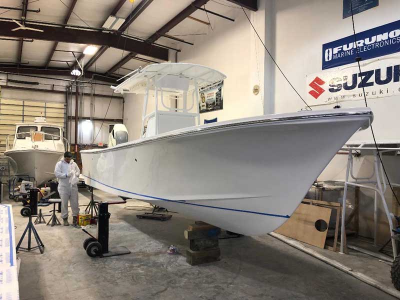 A Judge 265 Center Console nearing completion at Judge Yachts in Denton, MD.