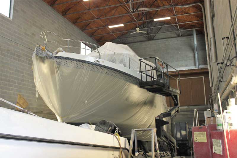 A Nordhaven 40 in for gel coat repairs at Osprey Marine Composites in Tracys Landing, MD. Photo by Rick Franke