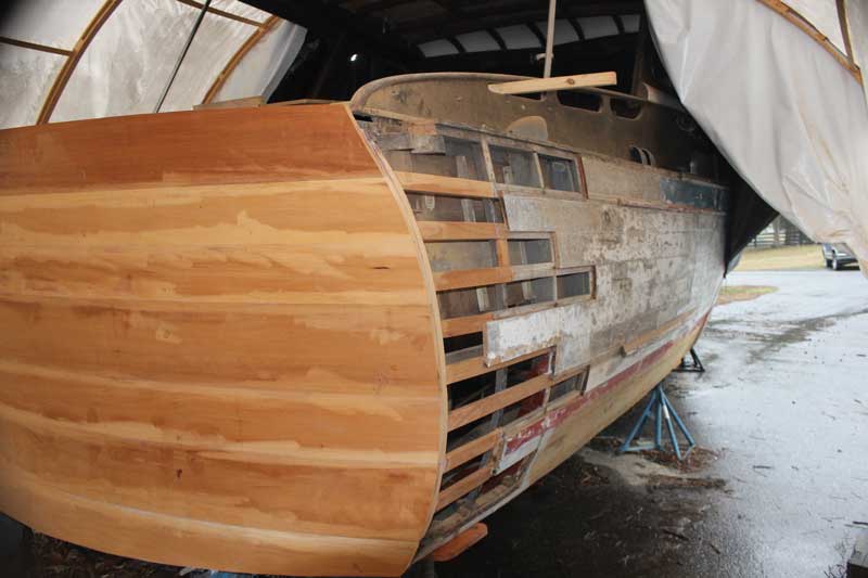 A new transom is part of the restoration of a 1951 Chris-Craft Commander at Marine Service at Pocohontas Marina in Edgewater, MD.   