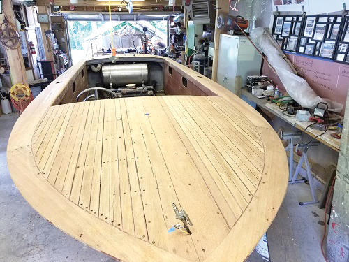 A 1966 Shepherd runabout with a newly refastened deck at Classic Watercraft Restoration in Annapolis, MD.    