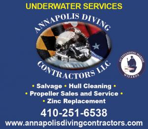 Annapolis Diving Contractors is a Complete underwater services. 24 hour emergency service. Salvage. Hull cleaning. Propeller sales and service. Zinc replacement. Mooring installation.