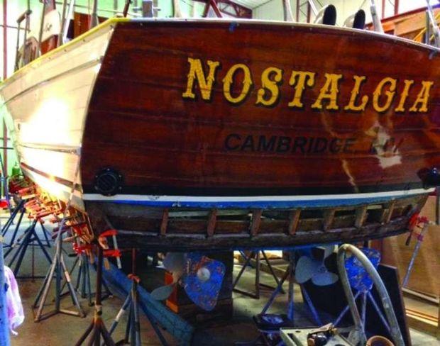 Nostalgia, a 1957 Chris-Craft, is getting some new planking and a refastened bottom, fresh varnish, and a new teak and holly cabin sole at Campbell’s Boat Yard in Oxford, MD.