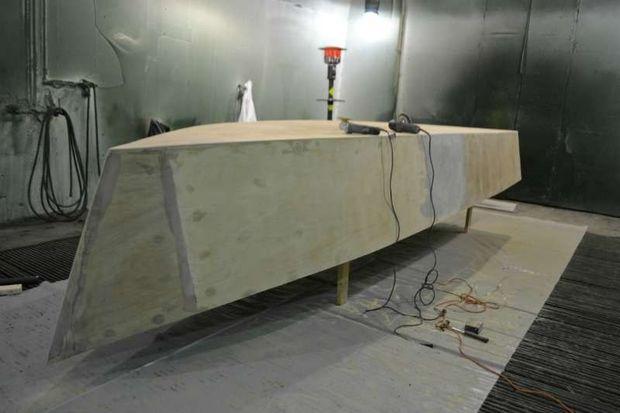 A17-foot custom skiff takes shape at Forrester Boatworks in Suffolk, VA.
