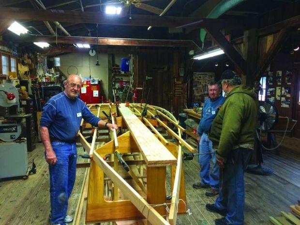 The hull for a replica Smith Island Crab Scrape takes shape under the supervision of Bill Wright and Al Suydam, volunteers at the Patuxent Small Craft Guild in Solomons MD.