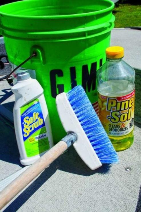 All you need to clean your boat after each trip. Note the sturdy broom handle on the scrub brush. All you need to clean your boat after each trip. Note the sturdy broom handle on the scrub brush.