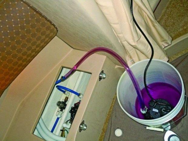 The easiest way I've found yet to quickly protect my freshwater systems: pumping antifreeze through everything. The easiest way I've found yet to quickly protect my freshwater systems: pumping antifreeze through everything.
