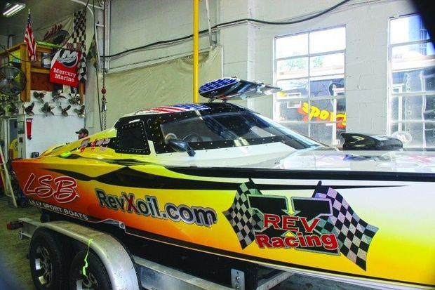 LSB Hurricane of Awesomeness, Brit Lilly’s 29-foot, 650-hp Superboat – Vee, winner of both National and World SBI championships, in the Lilly Sport Boats shop in Arnold, MD. Photo by Rick Franke