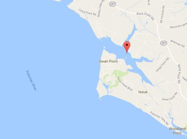 The anglers were fishing on Middletown Branch (indicated by red icon) in Charles County when they were fired upon. Photo courtesy Google Maps