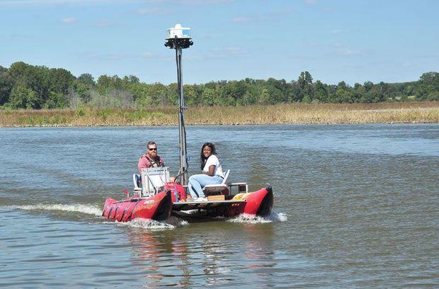 Terrain360's Ryan Abrahamsen and Megan McSwain from the Chesapeake Consercancy/NPS Chesapeake Bay on the Patuxent River with the custom pontoon boat that captures 360 panoramic imagery for the upcmoming virtual tour. Photos by Peter Turcik/Chesapeake Conservancy