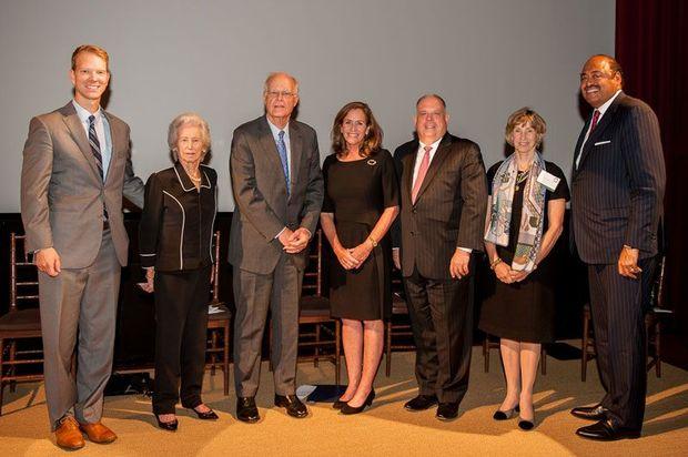 L to R: Chesapeake Conservancy President and CEO Joel Dunn, Host Committee Chair Elinor Farquhar, Chesapeake Conservancy Board of Directors Chairman Douglas Wheeler, First Lady of Virginia Dorothy McAuliffe, Maryland Governor Larry Hogan, Mount Vernon Ladies&rsquo; Association Regent Mrs. Coulson, and Microsoft's Vice President for U.S. Government Affairs Fred Humphries. Photo by Peter Turcik