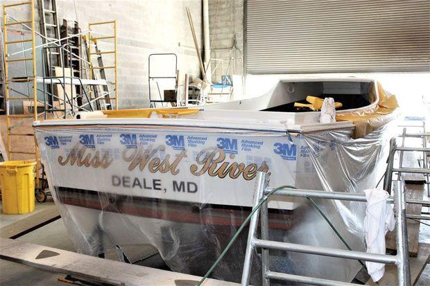 Miss West River, a 28-foot classic bay built deadrise getting a face lift at Phipps’ Boat Works in Deale, MD. Photo by Rick Franke