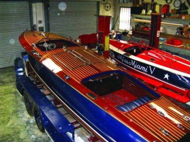 in the foreground is a 1932, 26-foot Brooks-Hacker runabout with Miss Miami V in the background. Charley saved both boats from the dumpster.