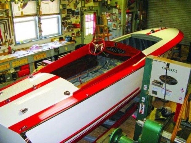 An overview of the 26-foot Hacker-designed runabout Miss APBA that Charley Quimby is completing in his garage.
