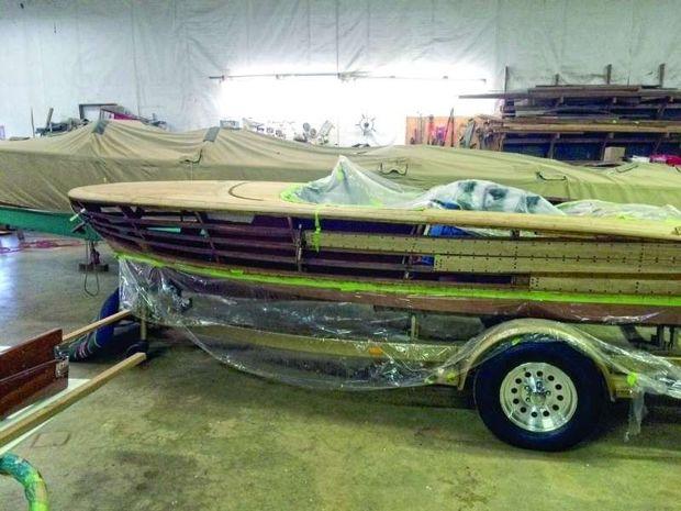 New planking going on an 18-foot 1955 Chris-Craft Cobra at Wooden Boat Restoration in Millington, MD.